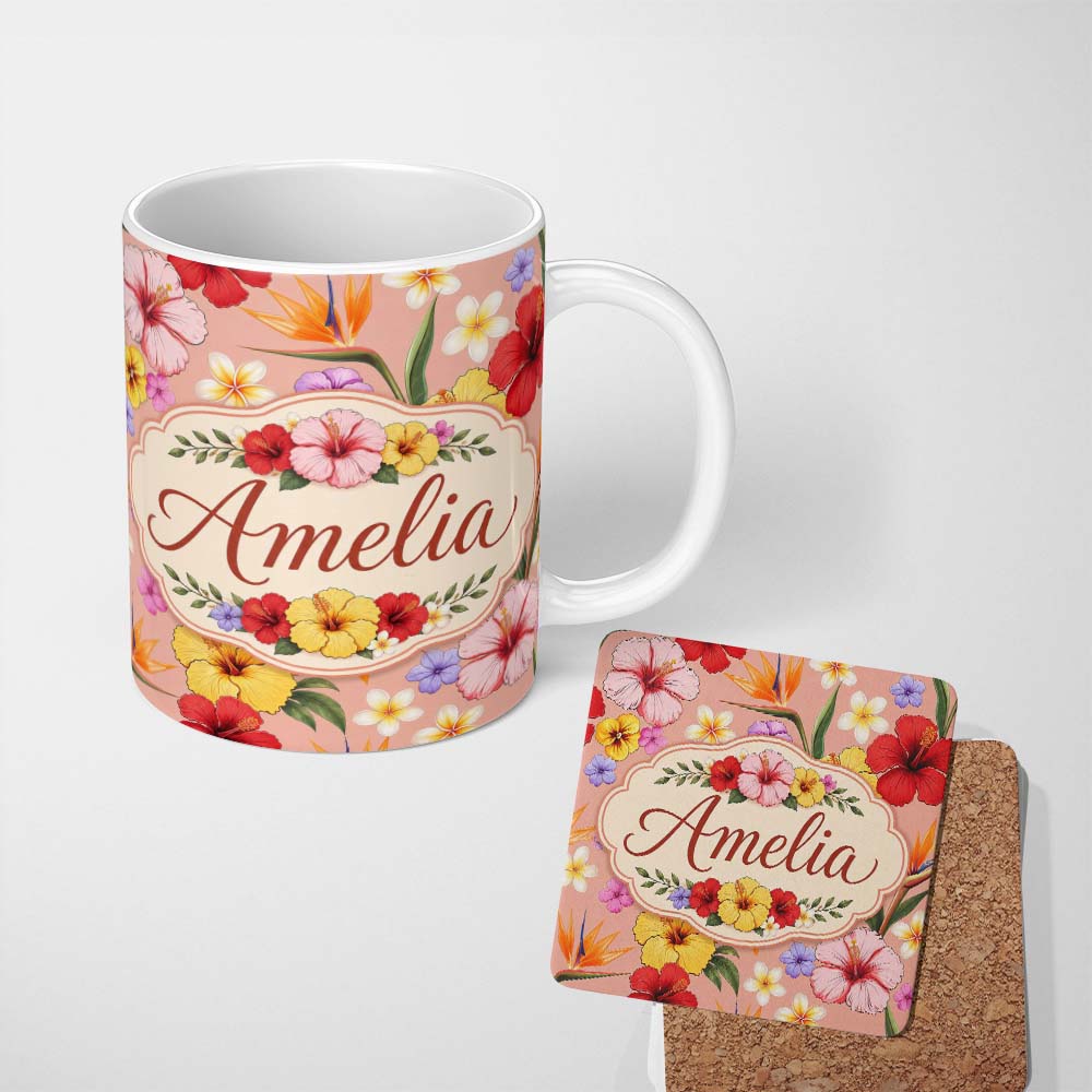 Personalized Custom Name Tropical Hibiscus Bird of Paradise Floral Seamless Pattern Warm 11oz Ceramic Coffee Tea Mug White Large Handle