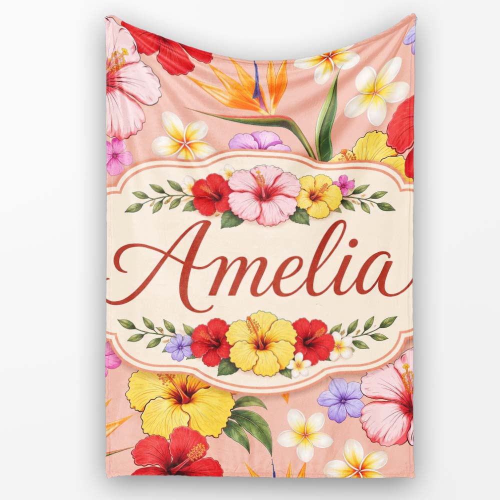 Tropical Hibiscus Bird of Paradise Floral Seamless Pattern Warm Personalised Custom Name Super Soft Fleece Blanket Bed Sofa Throw
