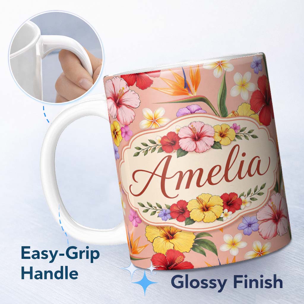 Personalized Custom Name Tropical Hibiscus Bird of Paradise Floral Seamless Pattern Warm 11oz Ceramic Coffee Tea Mug White Large Handle