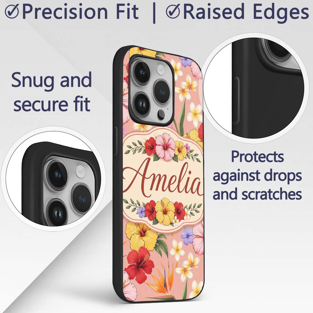 Tropical Hibiscus Bird of Paradise Printed Design Custom Name Protective Phone Case Mobile Cover Durable Everyday Smartphone Shock Resistant