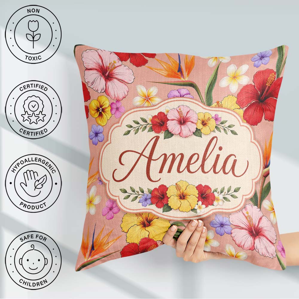Custom Name Tropical Hibiscus Bird Paradise Floral Seamless Warm Square Filled Cushion Throw Pillow Sofa Bed Home Decor Zip Washable UK Made