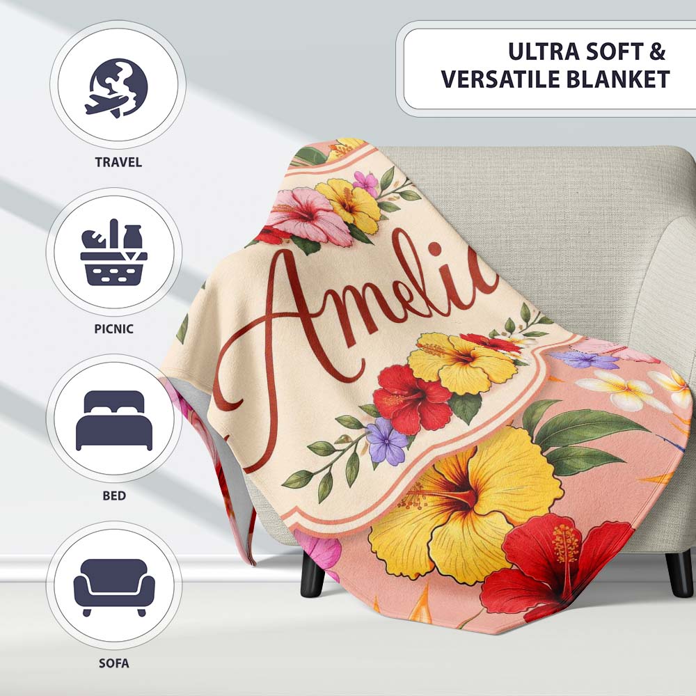 Tropical Hibiscus Bird of Paradise Floral Seamless Pattern Warm Personalised Custom Name Super Soft Fleece Blanket Bed Sofa Throw