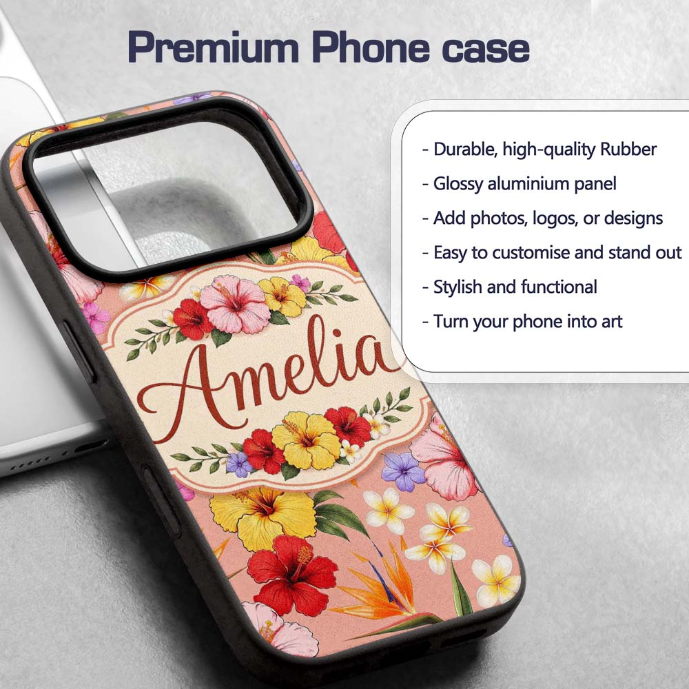 Tropical Hibiscus Bird of Paradise Printed Design Custom Name Protective Phone Case Mobile Cover Durable Everyday Smartphone Shock Resistant