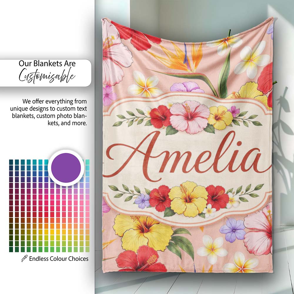 Tropical Hibiscus Bird of Paradise Floral Seamless Pattern Warm Personalised Custom Name Super Soft Fleece Blanket Bed Sofa Throw
