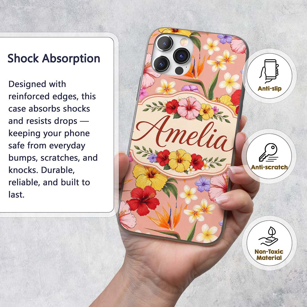 Tropical Hibiscus Bird of Paradise Printed Design Custom Name Protective Phone Case Mobile Cover Durable Everyday Smartphone Shock Resistant