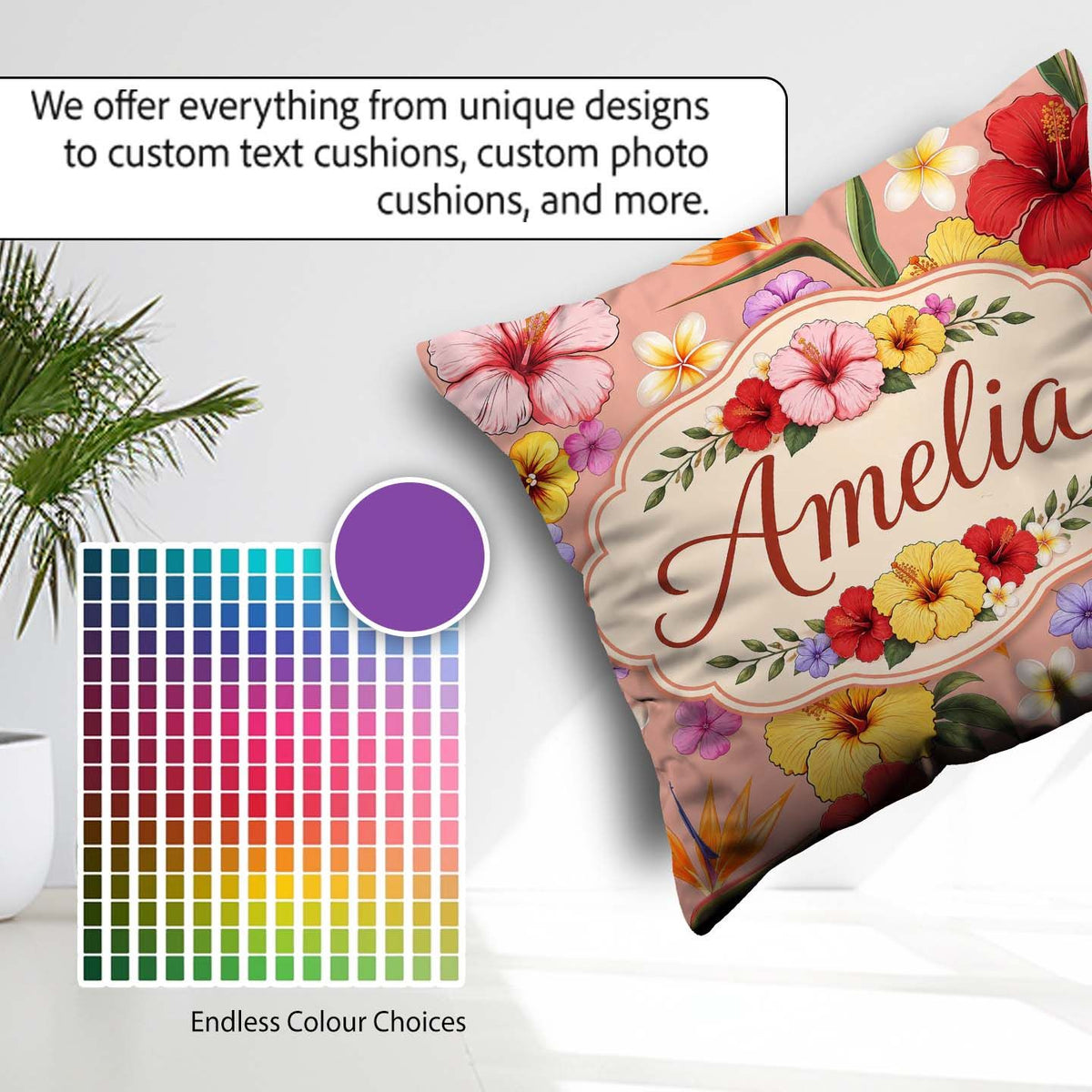Custom Name Tropical Hibiscus Bird Paradise Floral Seamless Warm Square Filled Cushion Throw Pillow Sofa Bed Home Decor Zip Washable UK Made