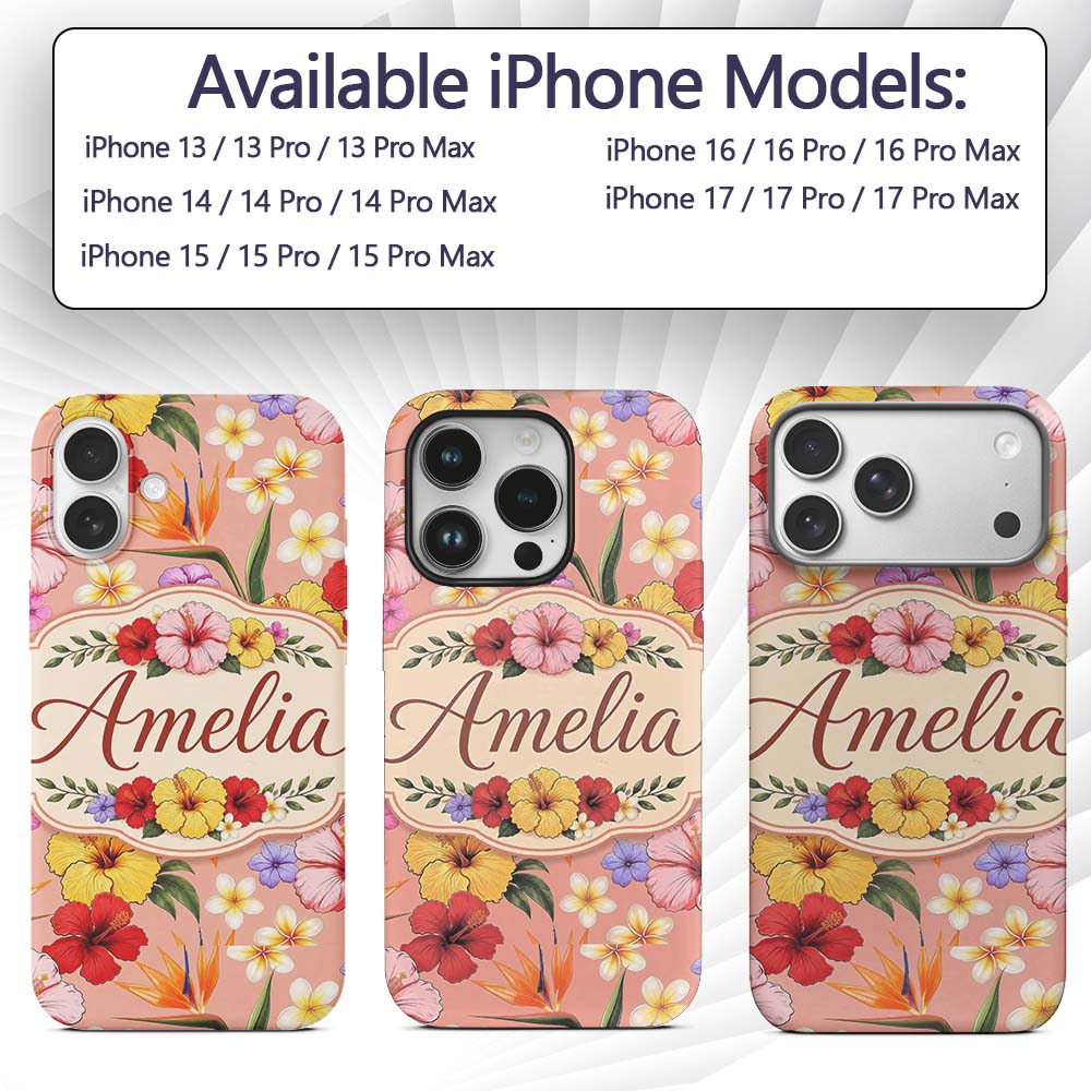 Tropical Hibiscus Bird of Paradise Printed Design Custom Name Protective Phone Case Mobile Cover Durable Everyday Smartphone Shock Resistant