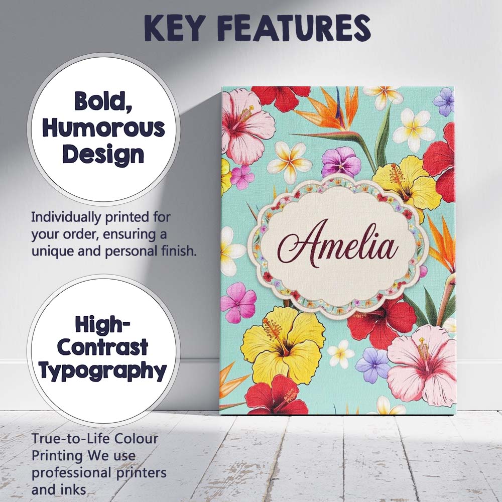 Personalised Name Tropical Hibiscus Bird of Custom Bespoke Interior Contemporary Canvas Wall Art Print Decor Picture Ready to Hang