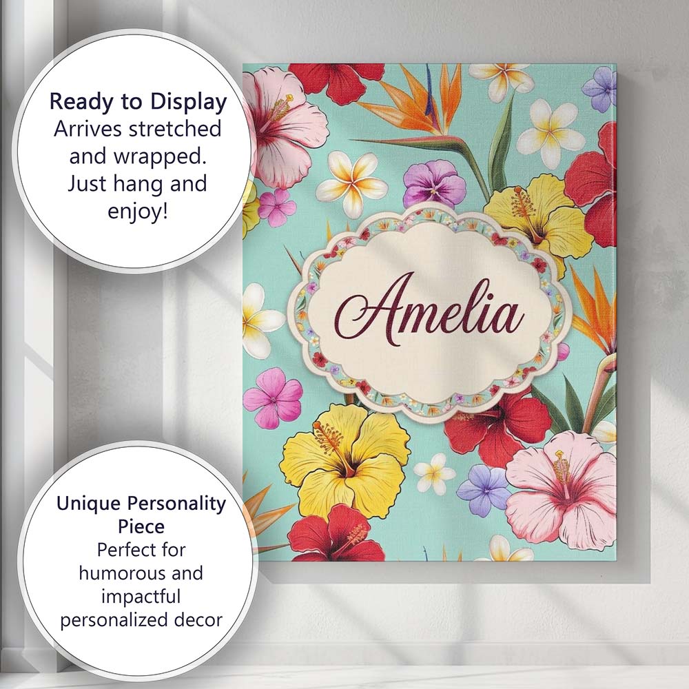 Personalised Name Tropical Hibiscus Bird of Custom Bespoke Interior Contemporary Canvas Wall Art Print Decor Picture Ready to Hang