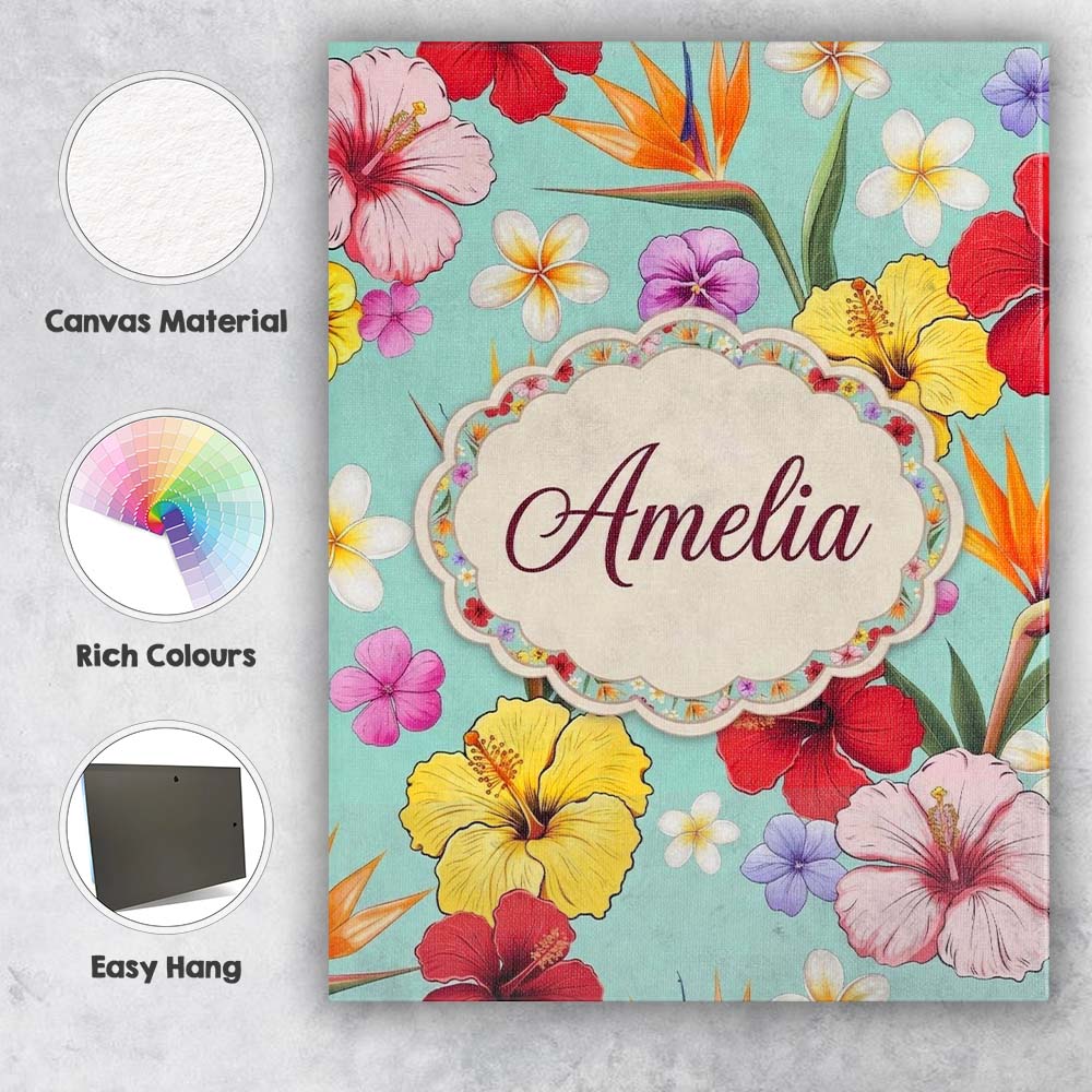Personalised Name Tropical Hibiscus Bird of Custom Bespoke Interior Contemporary Canvas Wall Art Print Decor Picture Ready to Hang