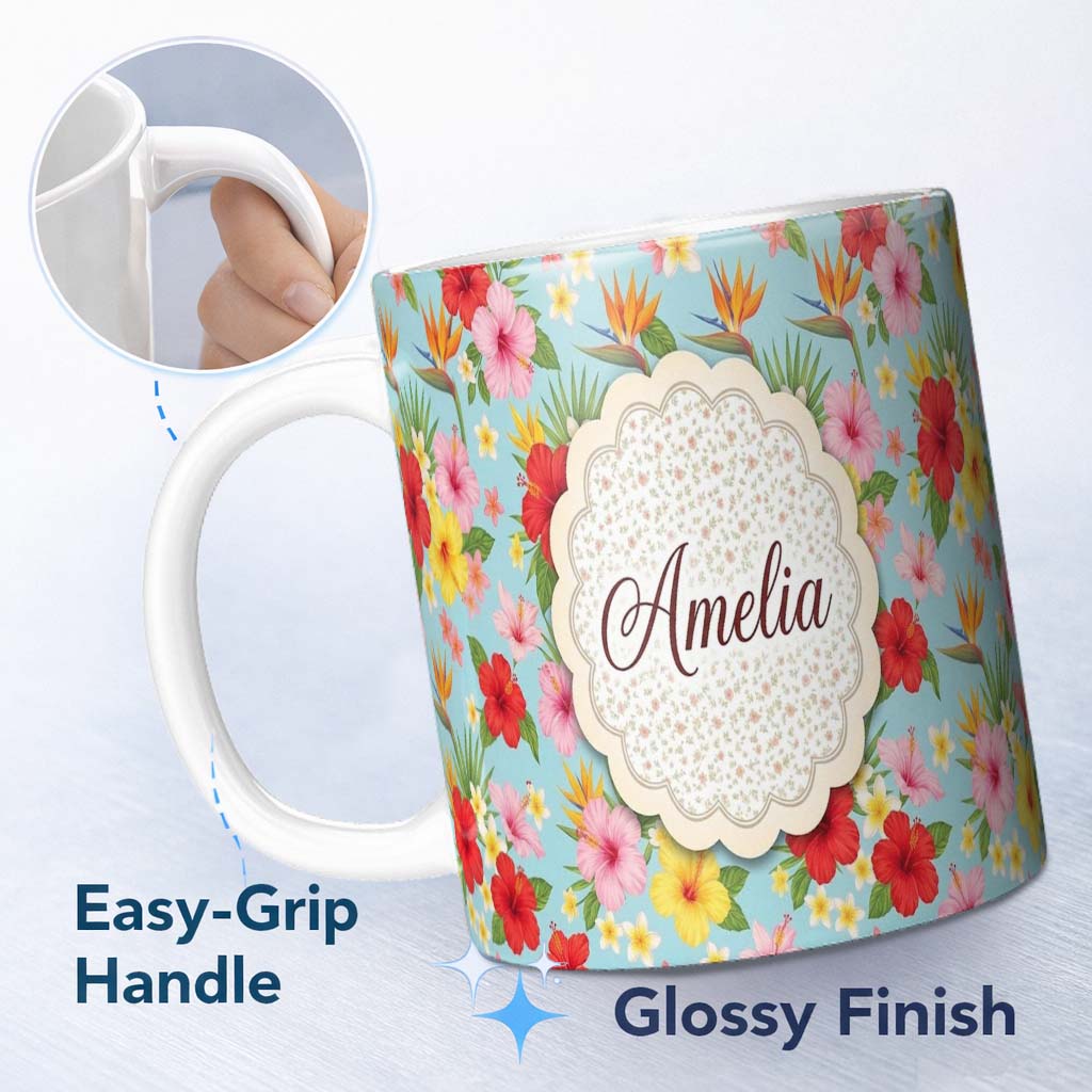 Personalized Custom Name Tropical Hibiscus Bird of Paradise Floral Seamless Pattern Soft 11oz Ceramic Coffee Tea Mug White Large Handle