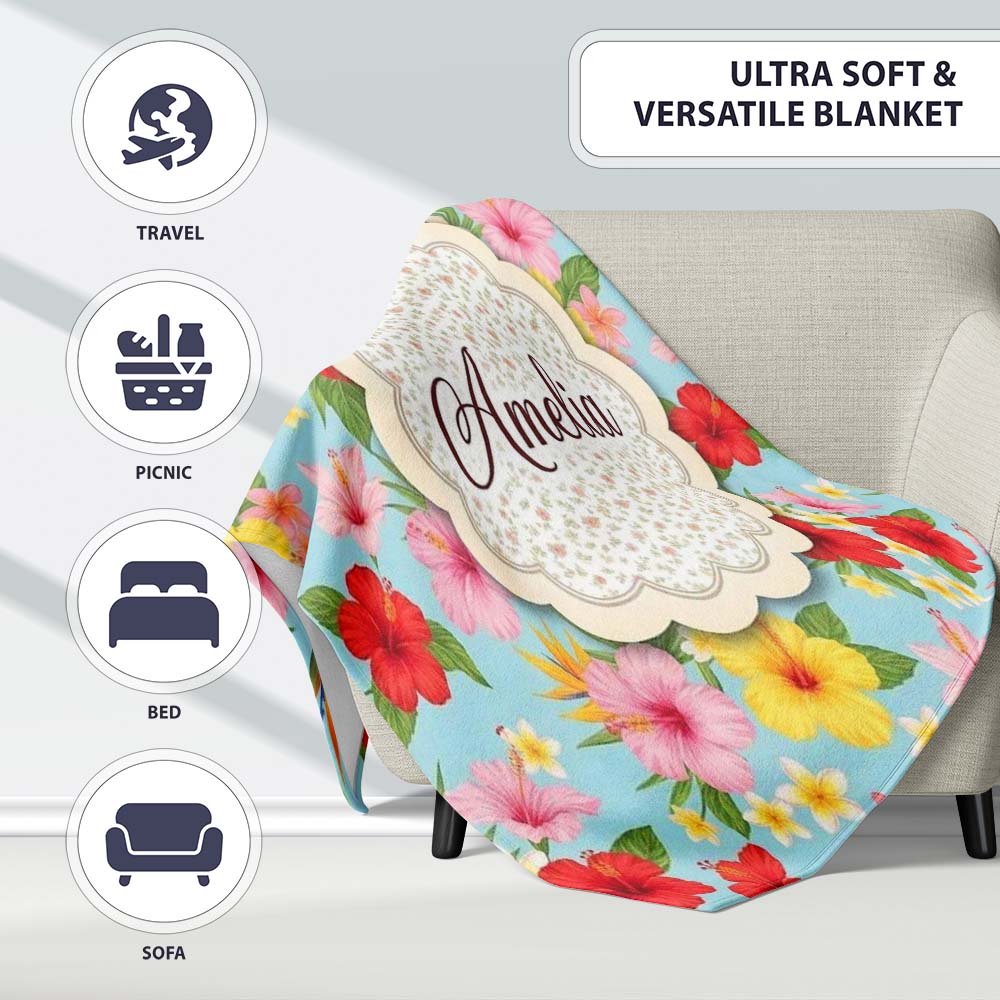 Tropical Hibiscus Bird of Paradise Floral Seamless Pattern Soft Personalised Custom Name Super Soft Fleece Blanket Bed Sofa Throw