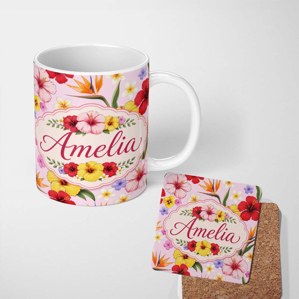 Personalized Custom Name Tropical Hibiscus Bird of Paradise Floral Seamless Pattern Blush 11oz Ceramic Coffee Tea Mug White Large Handle