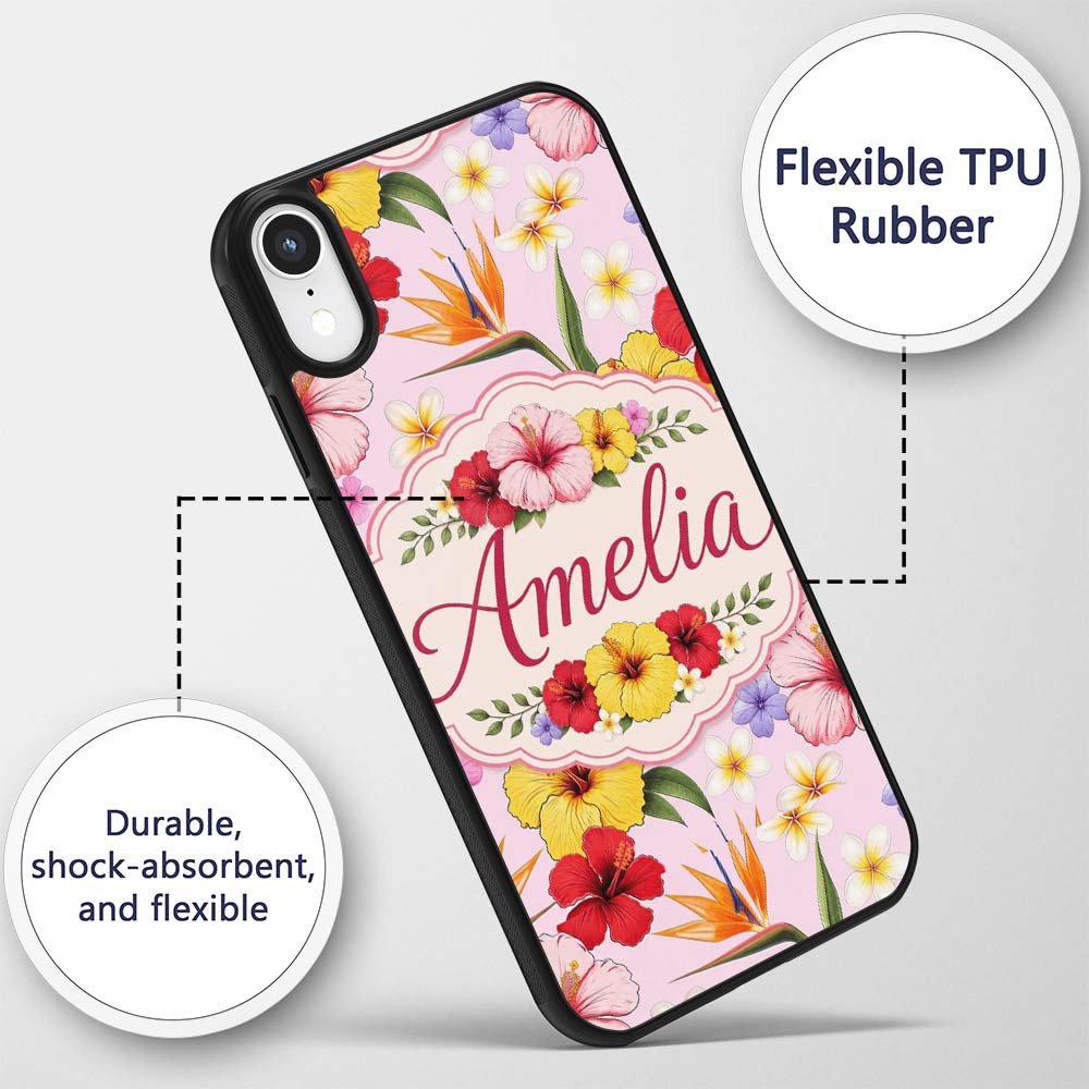 Tropical Hibiscus Bird of Paradise Printed Design Custom Name Protective Phone Case Mobile Cover Durable Everyday Smartphone Shock Resistant