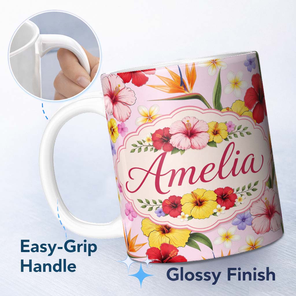 Personalized Custom Name Tropical Hibiscus Bird of Paradise Floral Seamless Pattern Blush 11oz Ceramic Coffee Tea Mug White Large Handle