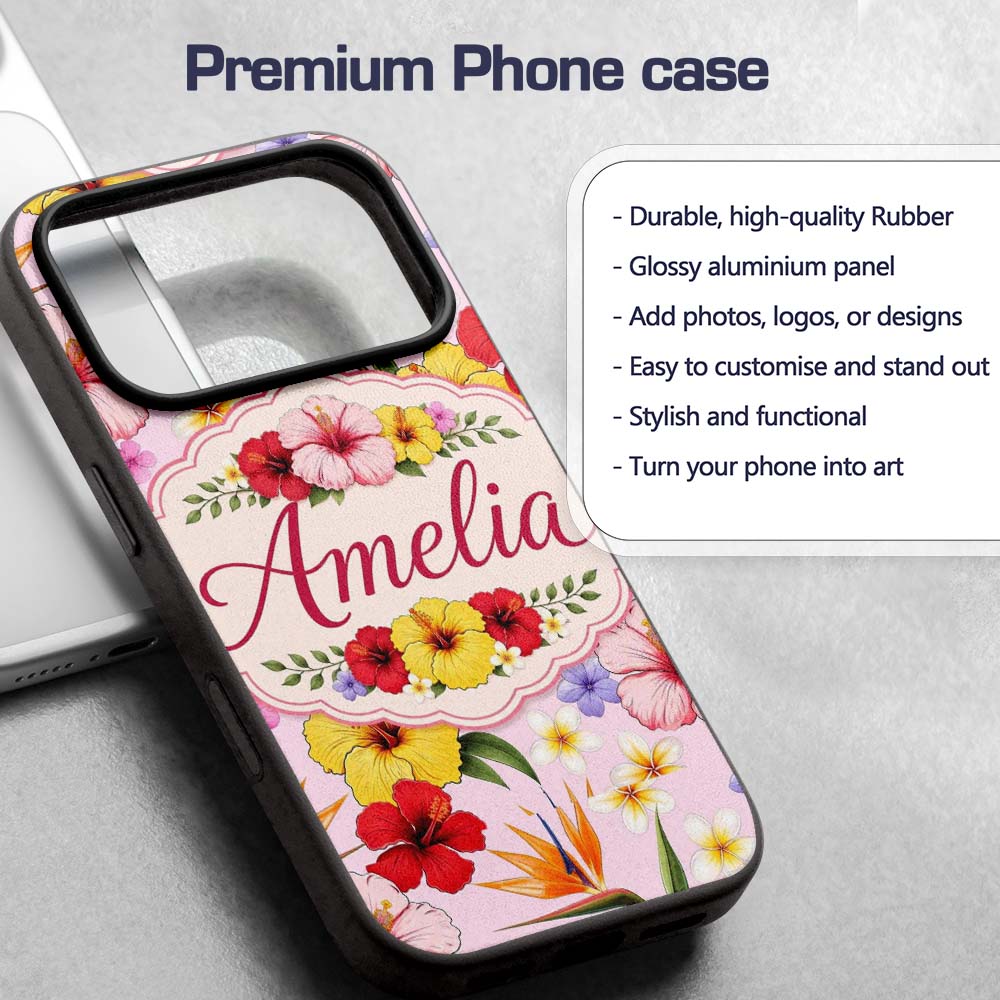 Tropical Hibiscus Bird of Paradise Printed Design Custom Name Protective Phone Case Mobile Cover Durable Everyday Smartphone Shock Resistant