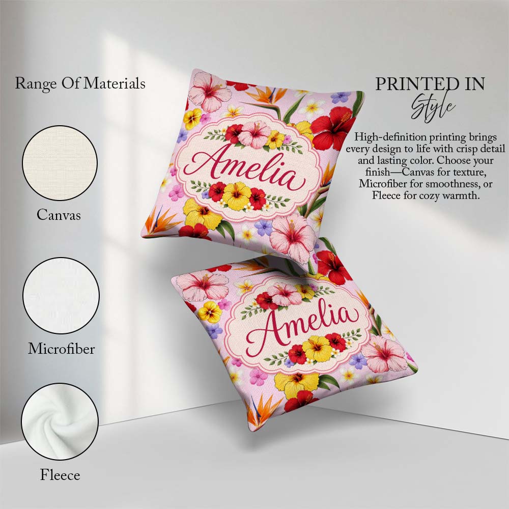 Custom Name Tropical Hibiscus Bird Paradise Floral Pattern Blush Square Filled Cushion Throw Pillow Sofa Bed Home Decor Zip Washable UK Made