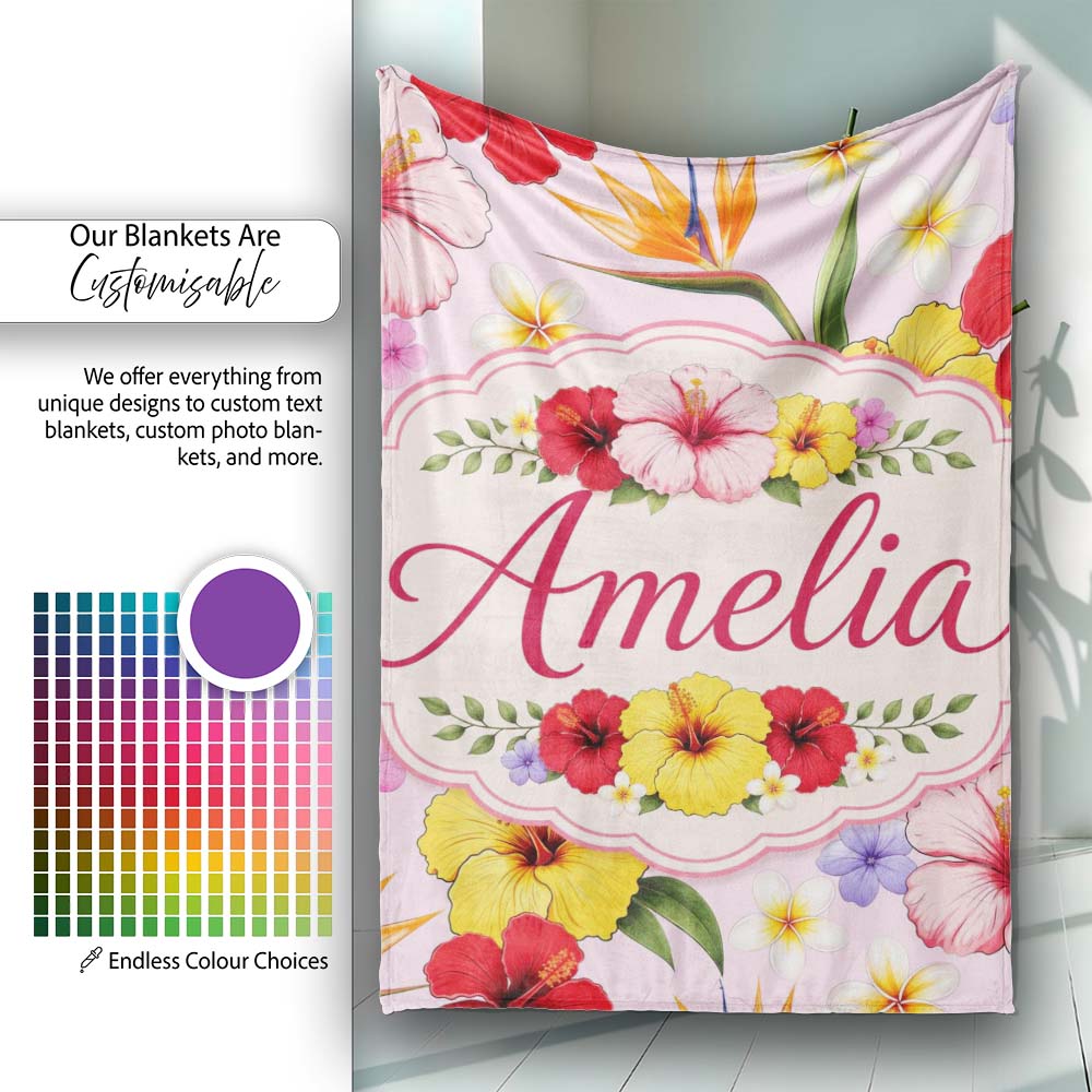 Tropical Hibiscus Bird of Paradise Floral Seamless Pattern Blush Personalised Custom Name Super Soft Fleece Blanket Bed Sofa Throw