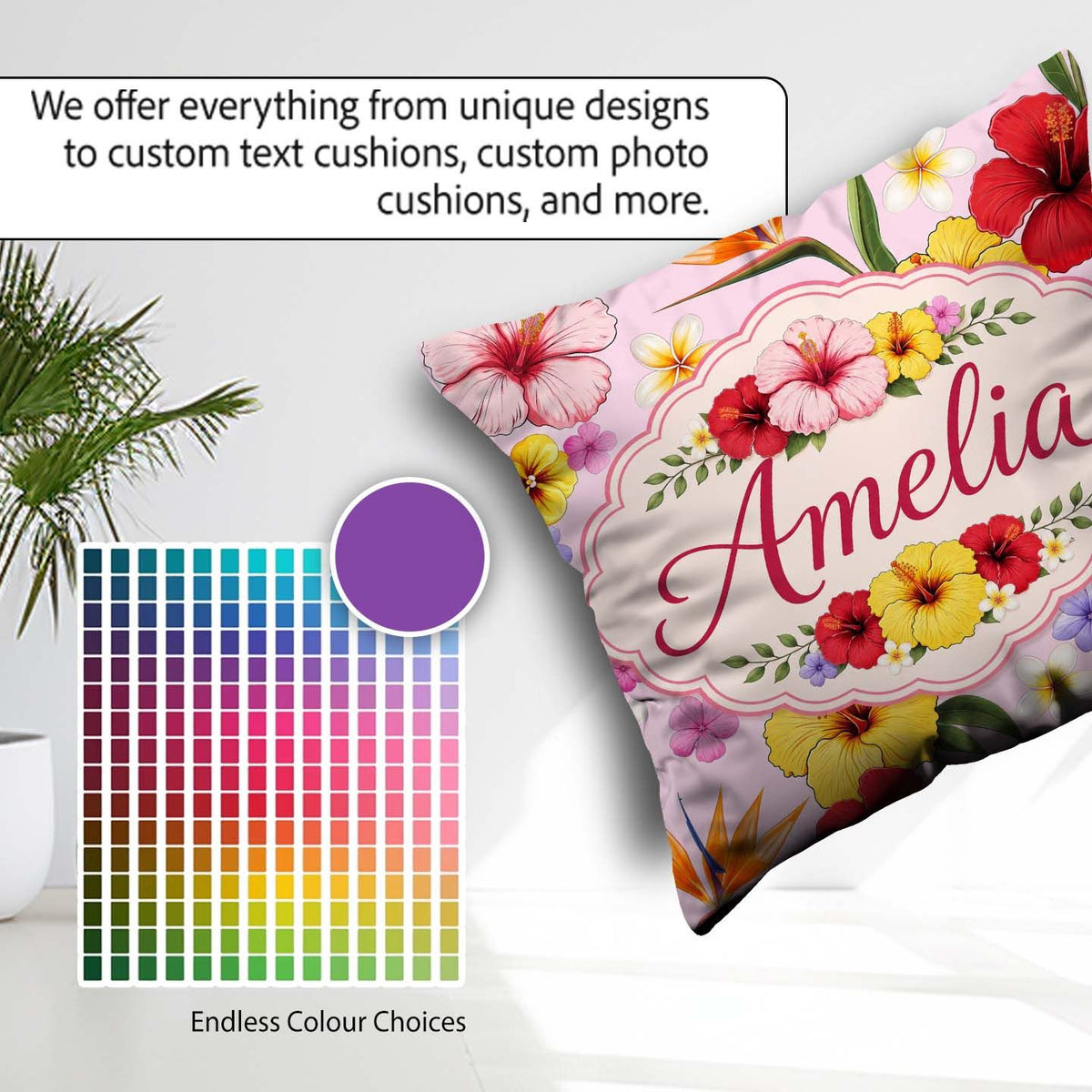 Custom Name Tropical Hibiscus Bird Paradise Floral Pattern Blush Square Filled Cushion Throw Pillow Sofa Bed Home Decor Zip Washable UK Made