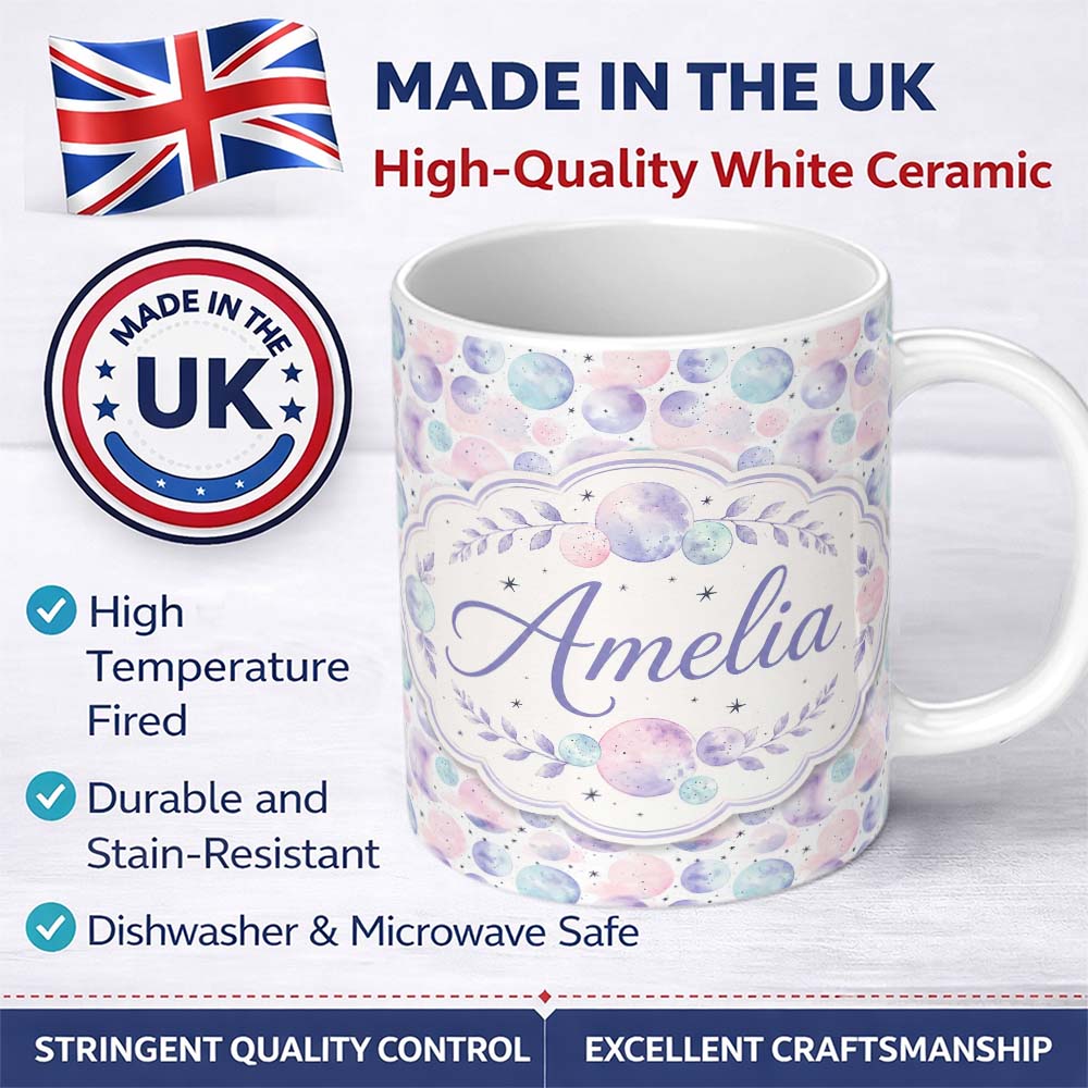 Personalized Custom Name Soft Pastel Galaxy Circles and Stars Seamless Pattern Lovely 11oz Ceramic Coffee Tea Mug White Large Handle