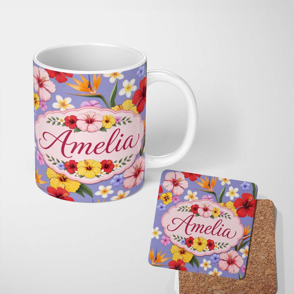 Personalized Custom Name Tropical Hibiscus Bird of Paradise Floral Seamless Pattern Lavender 11oz Ceramic Coffee Tea Mug White Large Handle