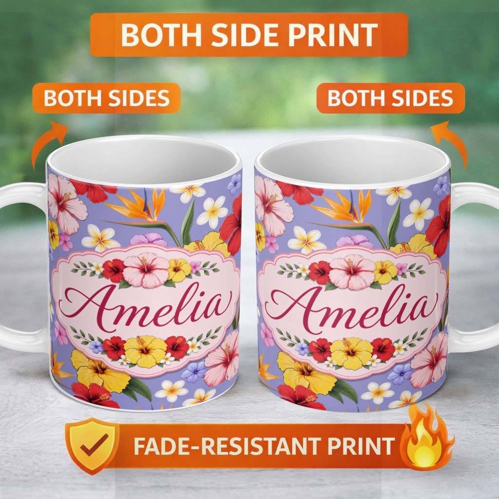 Personalized Custom Name Tropical Hibiscus Bird of Paradise Floral Seamless Pattern Lavender 11oz Ceramic Coffee Tea Mug White Large Handle