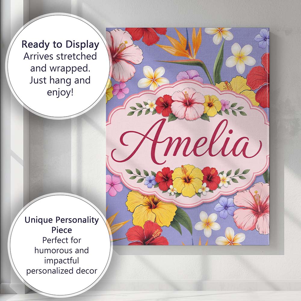 Personalised Name Tropical Hibiscus Bird of Custom Bespoke Interior Contemporary Canvas Wall Art Print Decor Picture Ready to Hang