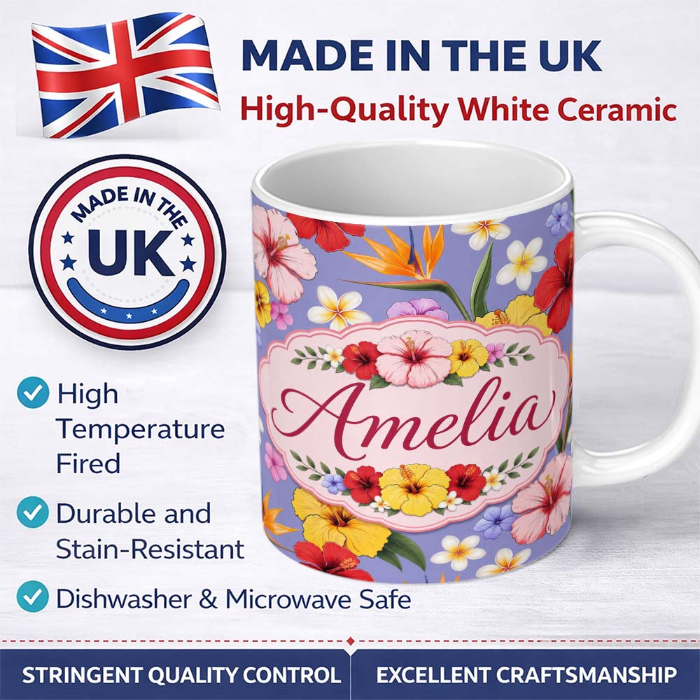 Personalized Custom Name Tropical Hibiscus Bird of Paradise Floral Seamless Pattern Lavender 11oz Ceramic Coffee Tea Mug White Large Handle