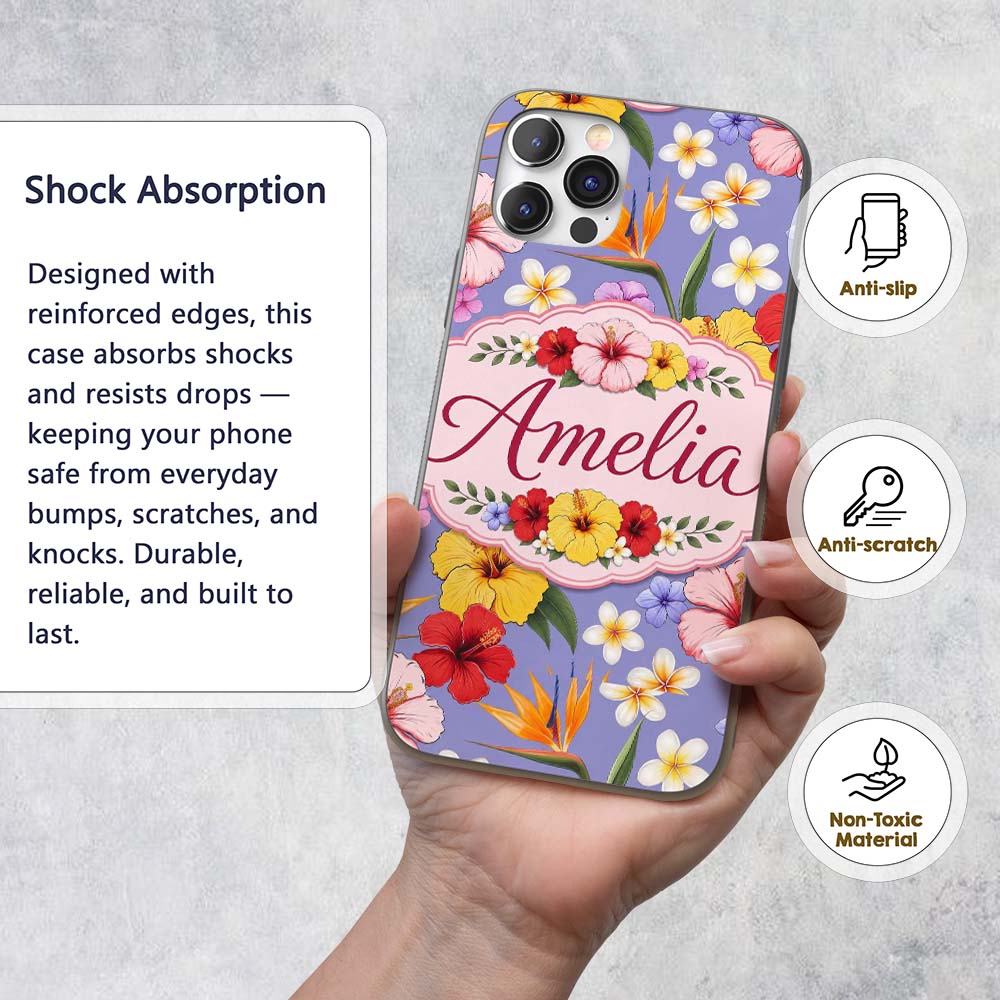 Tropical Hibiscus Bird of Paradise Printed Design Custom Name Protective Phone Case Mobile Cover Durable Everyday Smartphone Shock Resistant