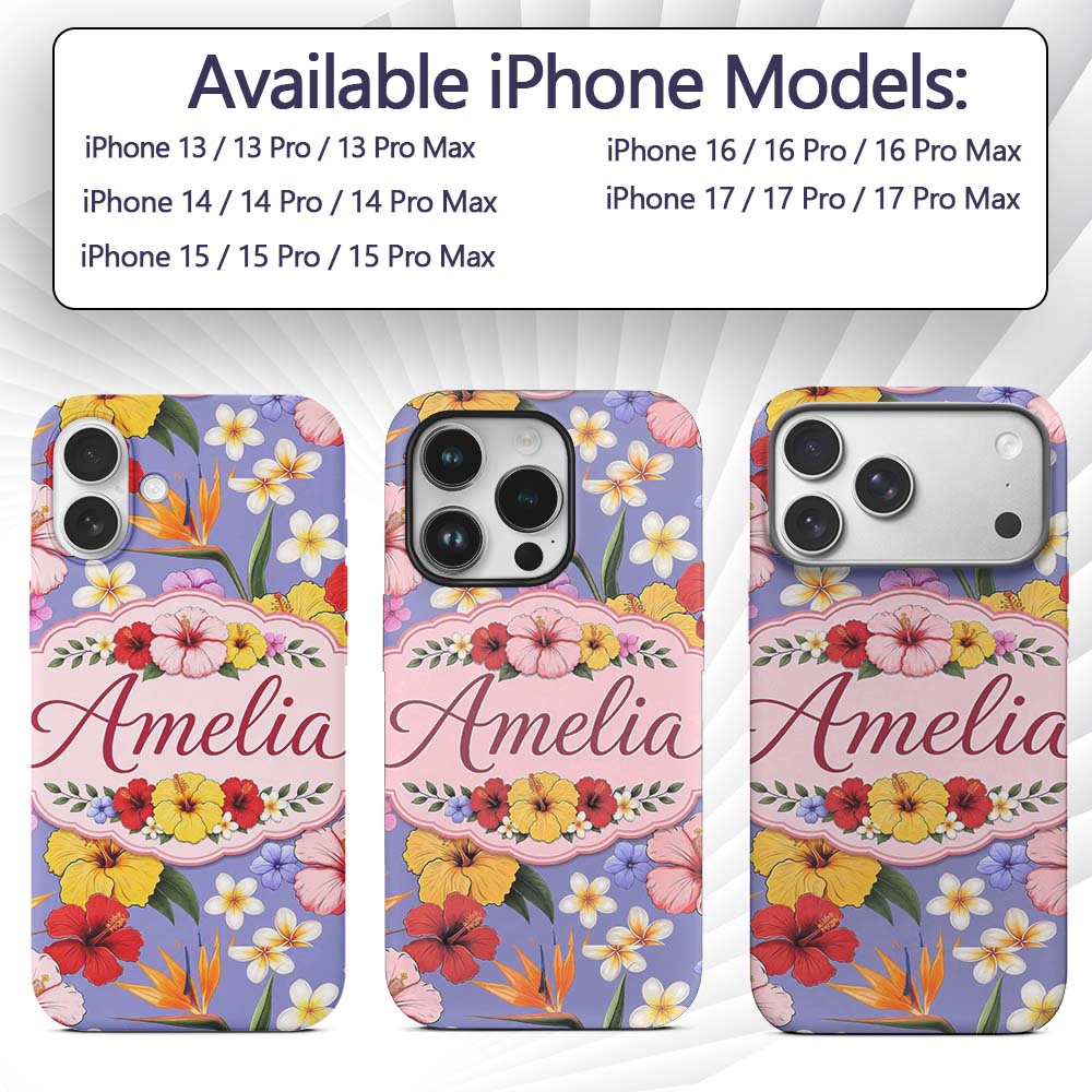 Tropical Hibiscus Bird of Paradise Printed Design Custom Name Protective Phone Case Mobile Cover Durable Everyday Smartphone Shock Resistant