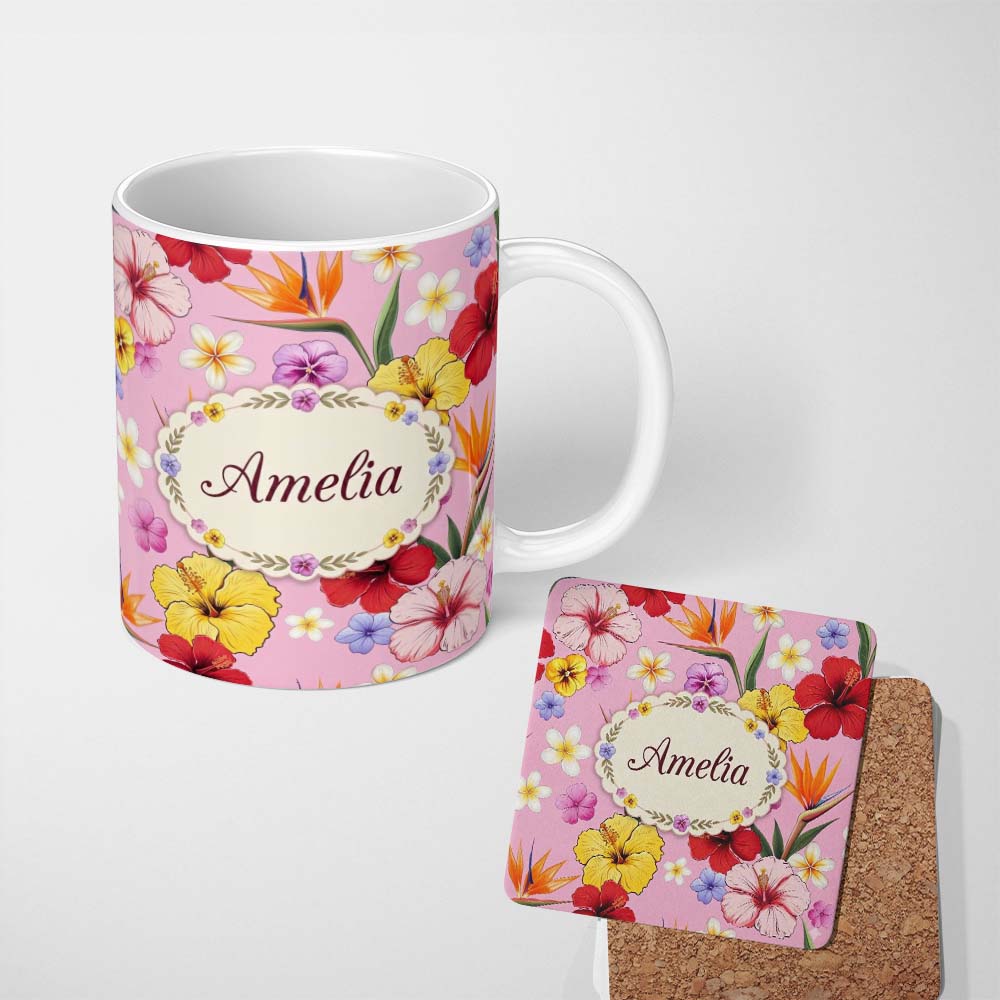 Personalized Custom Name Tropical Hibiscus Bird of Paradise Floral Seamless Pattern Light 11oz Ceramic Coffee Tea Mug White Large Handle