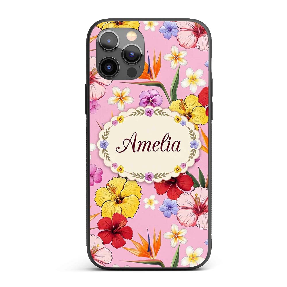 Tropical Hibiscus Bird of Paradise Printed Design Custom Name Protective Phone Case Mobile Cover Durable Everyday Smartphone Shock Resistant