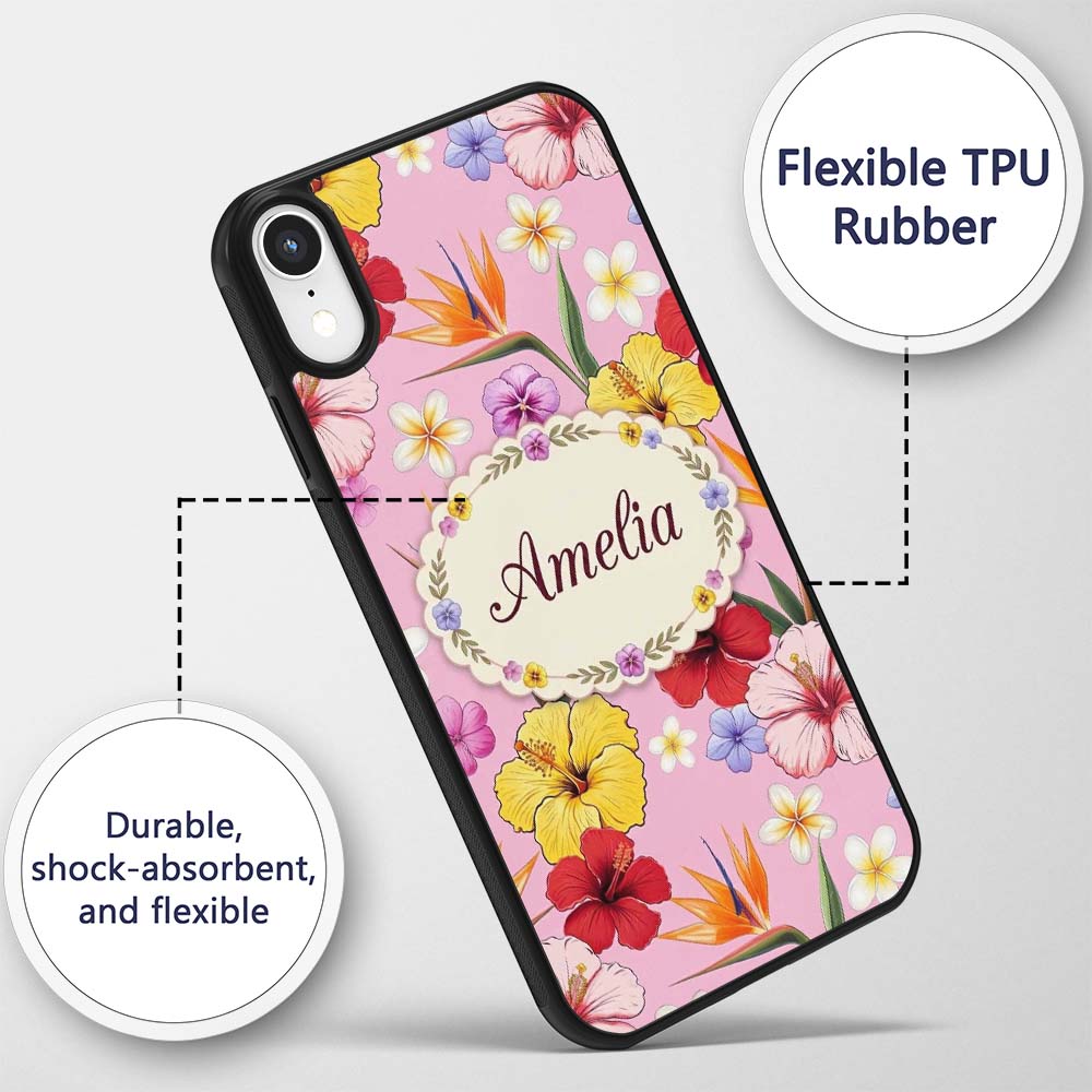 Tropical Hibiscus Bird of Paradise Printed Design Custom Name Protective Phone Case Mobile Cover Durable Everyday Smartphone Shock Resistant