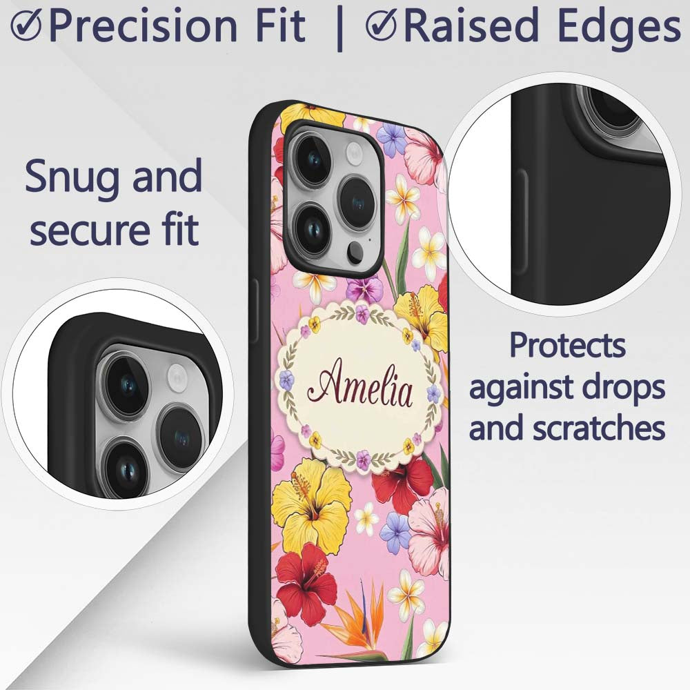 Tropical Hibiscus Bird of Paradise Printed Design Custom Name Protective Phone Case Mobile Cover Durable Everyday Smartphone Shock Resistant