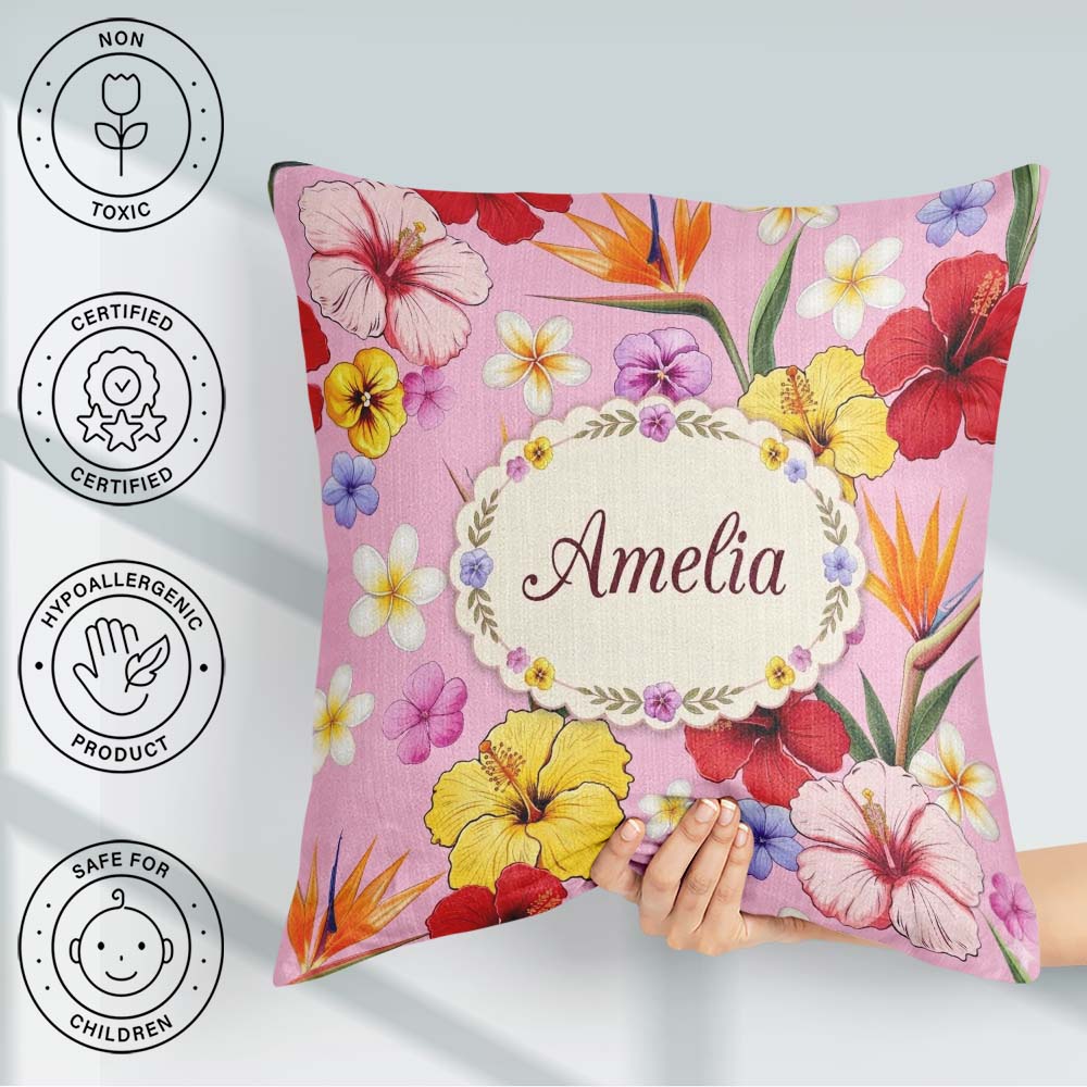 Custom Name Tropical Hibiscus Bird Paradise Floral Pattern Light Square Filled Cushion Throw Pillow Sofa Bed Home Decor Zip Washable UK Made