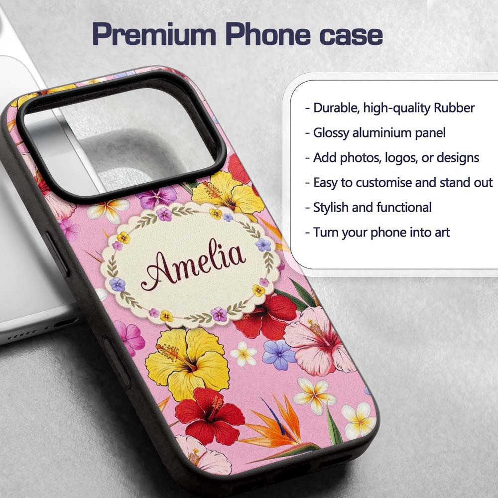Tropical Hibiscus Bird of Paradise Printed Design Custom Name Protective Phone Case Mobile Cover Durable Everyday Smartphone Shock Resistant