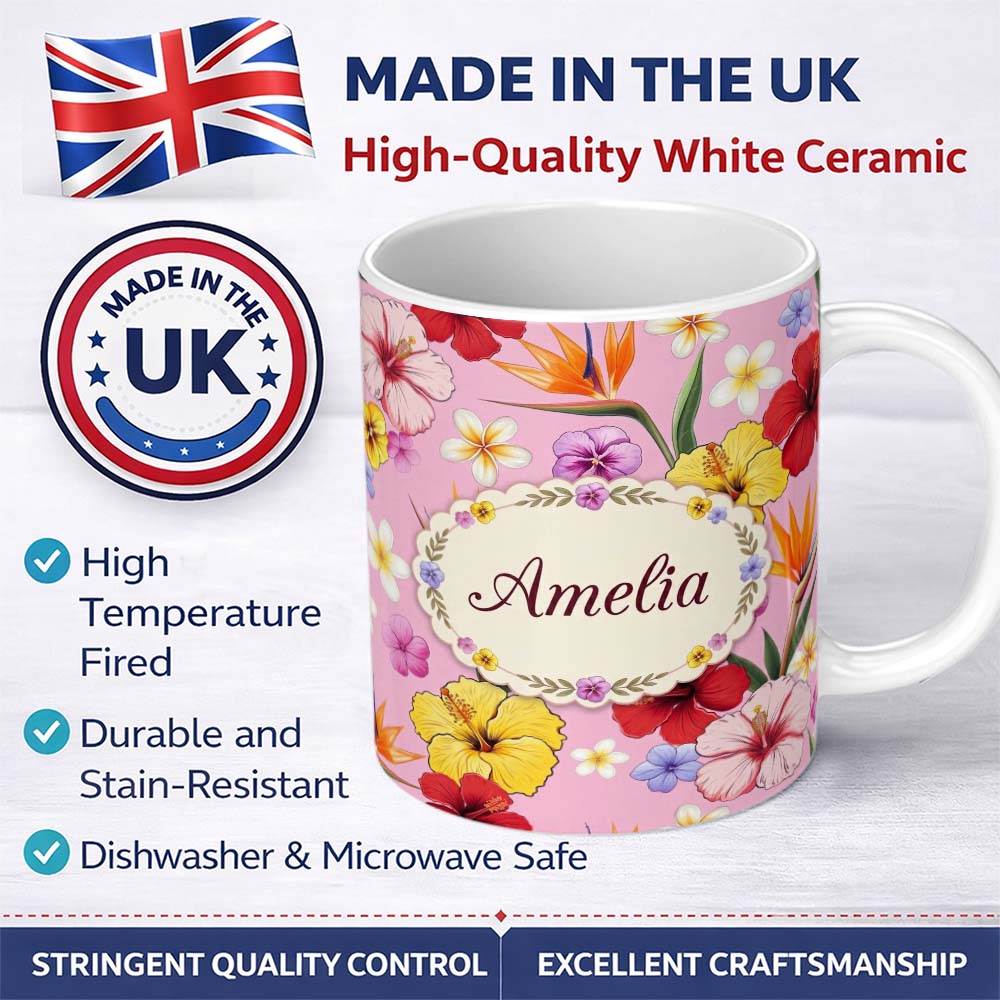Personalized Custom Name Tropical Hibiscus Bird of Paradise Floral Seamless Pattern Light 11oz Ceramic Coffee Tea Mug White Large Handle