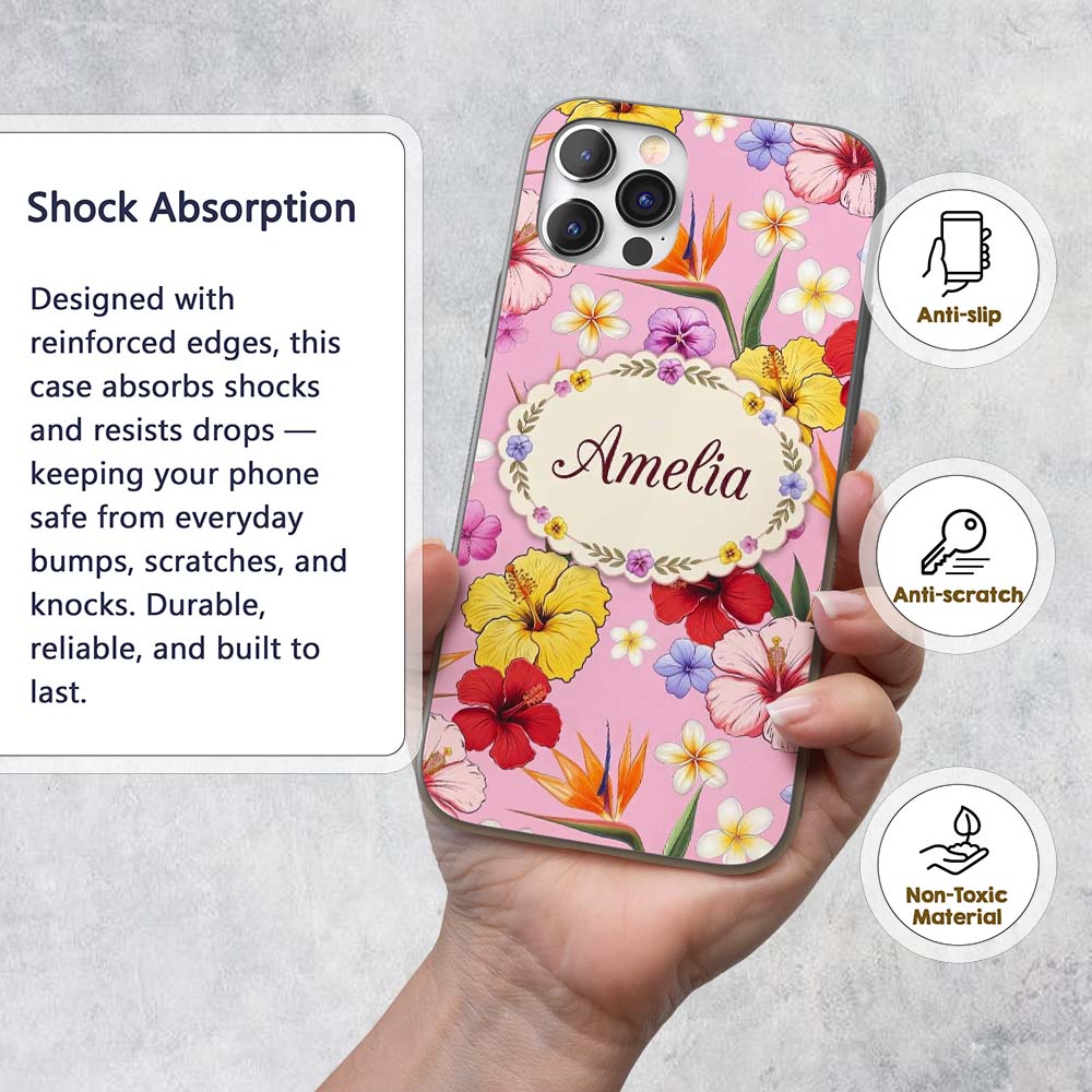 Tropical Hibiscus Bird of Paradise Printed Design Custom Name Protective Phone Case Mobile Cover Durable Everyday Smartphone Shock Resistant
