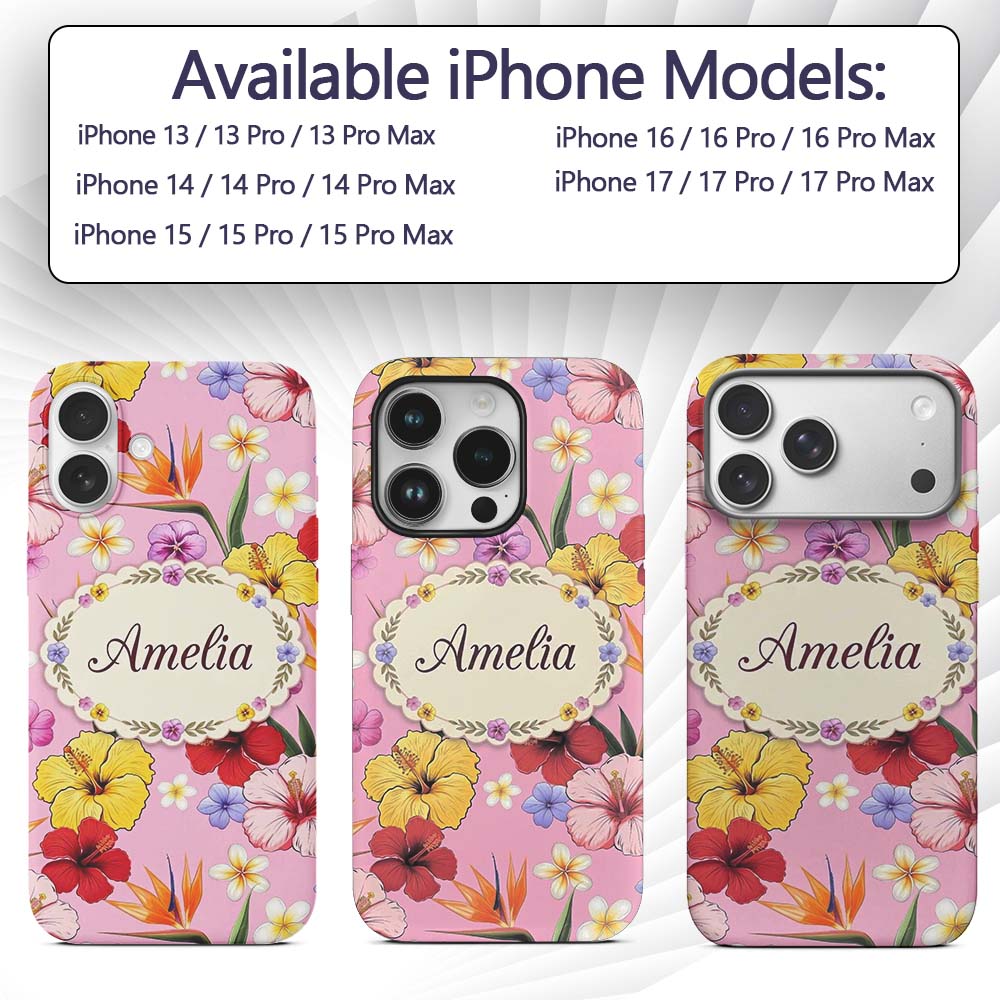 Tropical Hibiscus Bird of Paradise Printed Design Custom Name Protective Phone Case Mobile Cover Durable Everyday Smartphone Shock Resistant