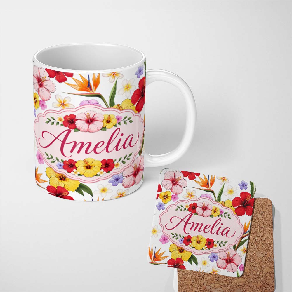 Personalized Custom Name Tropical Hibiscus Bird of Paradise Floral Seamless Pattern Clean 11oz Ceramic Coffee Tea Mug White Large Handle