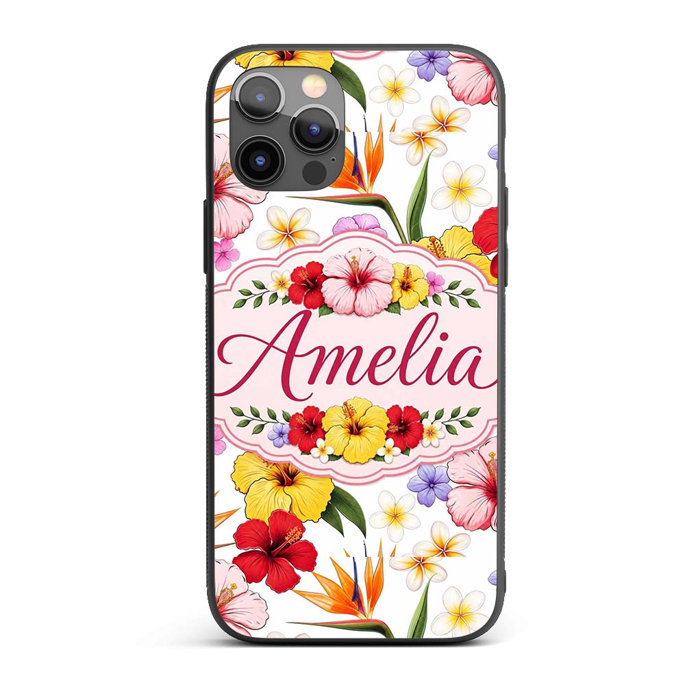 Tropical Hibiscus Bird of Paradise Printed Design Custom Name Protective Phone Case Mobile Cover Durable Everyday Smartphone Shock Resistant