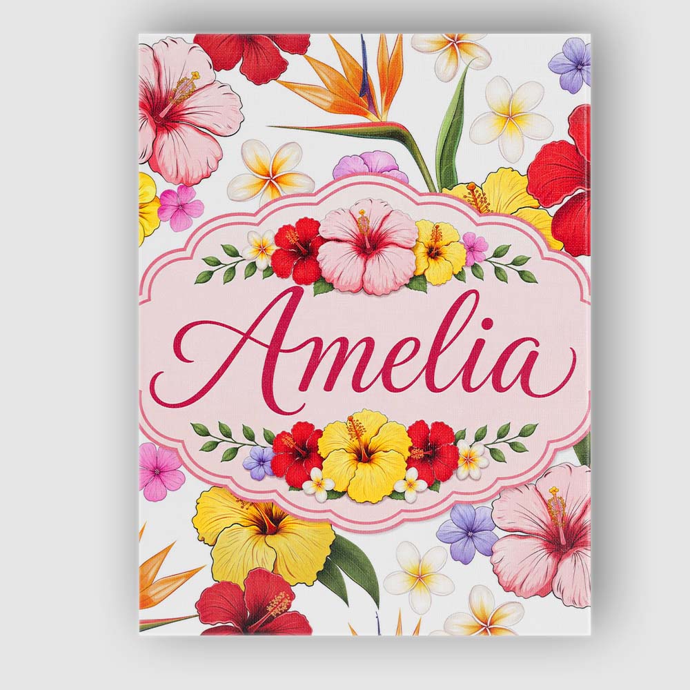 Personalised Name Tropical Hibiscus Bird of Custom Bespoke Interior Contemporary Canvas Wall Art Print Decor Picture Ready to Hang