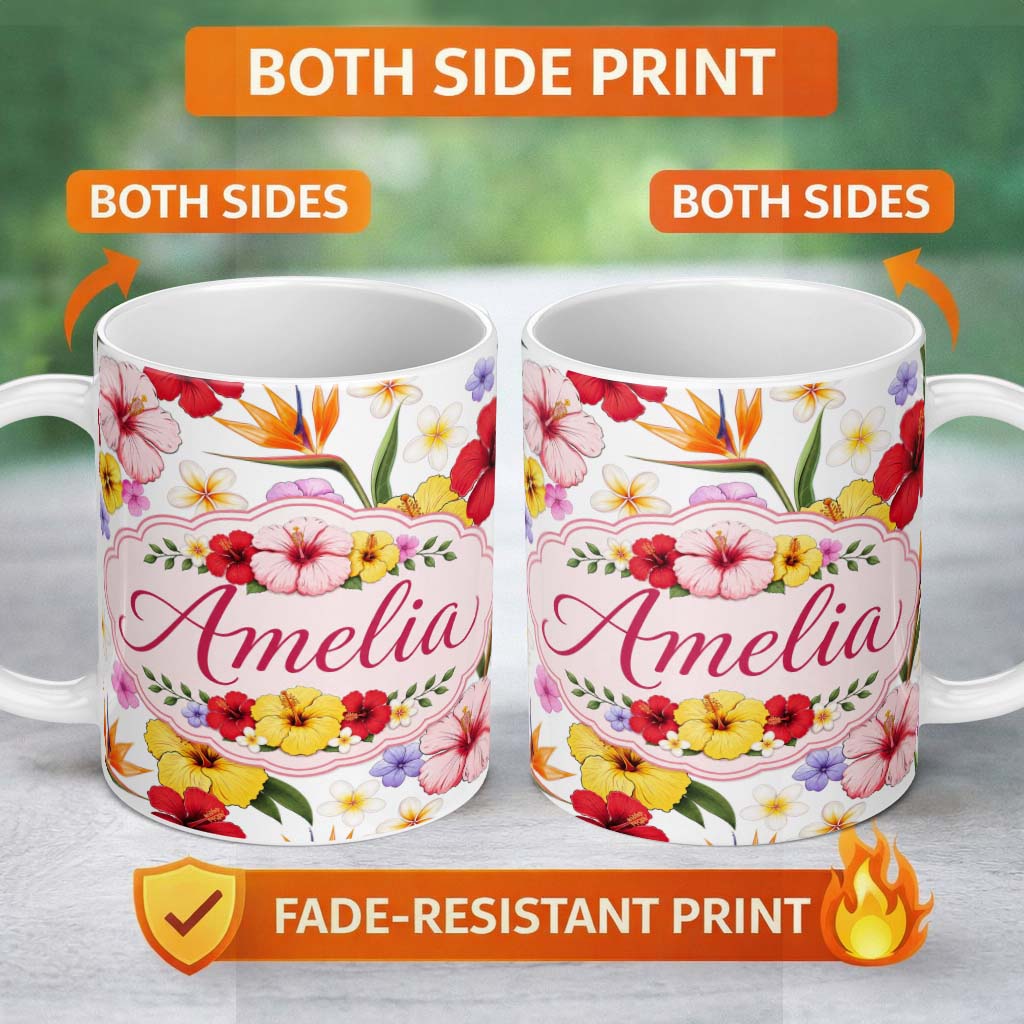 Personalized Custom Name Tropical Hibiscus Bird of Paradise Floral Seamless Pattern Clean 11oz Ceramic Coffee Tea Mug White Large Handle