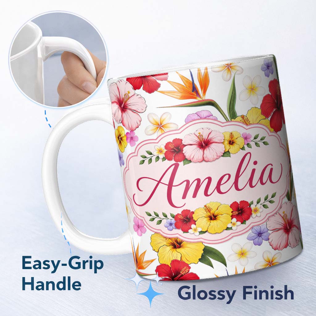 Personalized Custom Name Tropical Hibiscus Bird of Paradise Floral Seamless Pattern Clean 11oz Ceramic Coffee Tea Mug White Large Handle