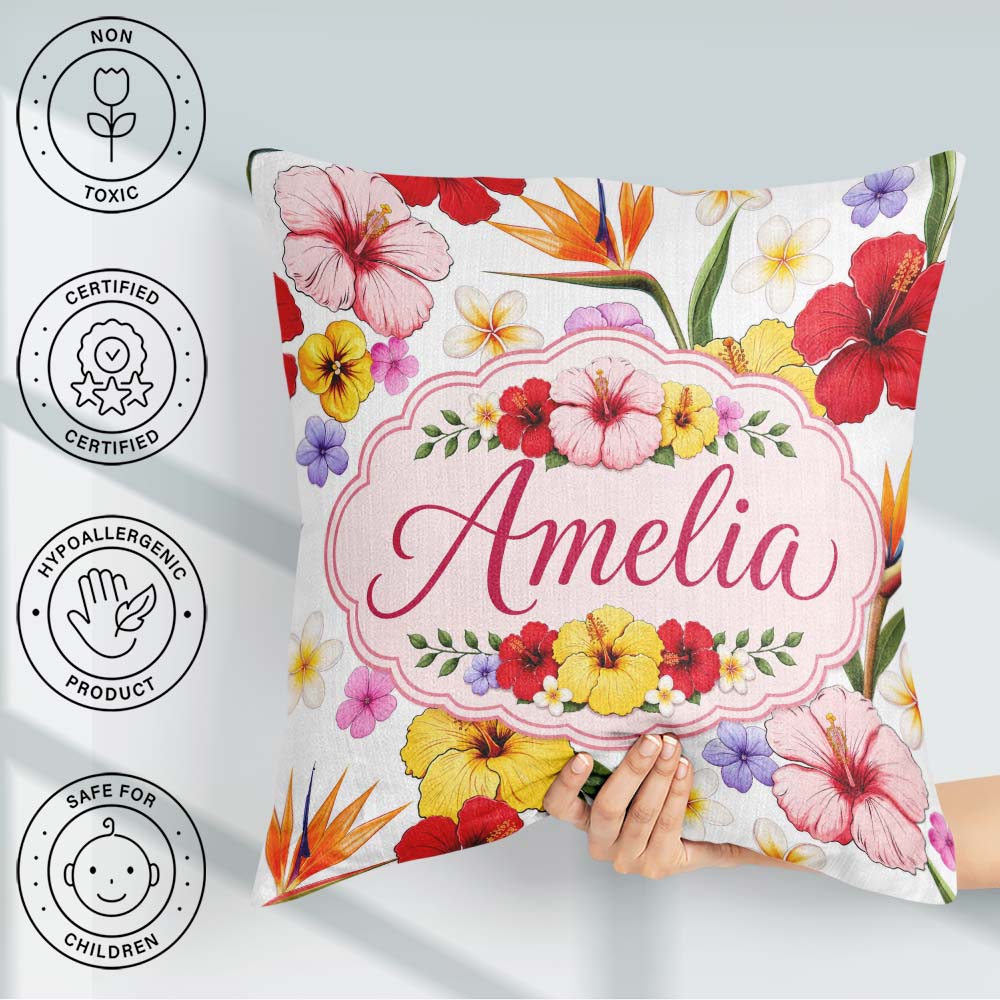 Custom Name Tropical Hibiscus Bird Paradise Floral Pattern Clean Square Filled Cushion Throw Pillow Sofa Bed Home Decor Zip Washable UK Made