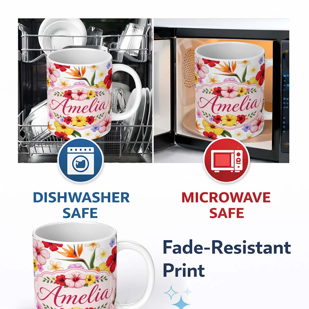 Personalized Custom Name Tropical Hibiscus Bird of Paradise Floral Seamless Pattern Clean 11oz Ceramic Coffee Tea Mug White Large Handle