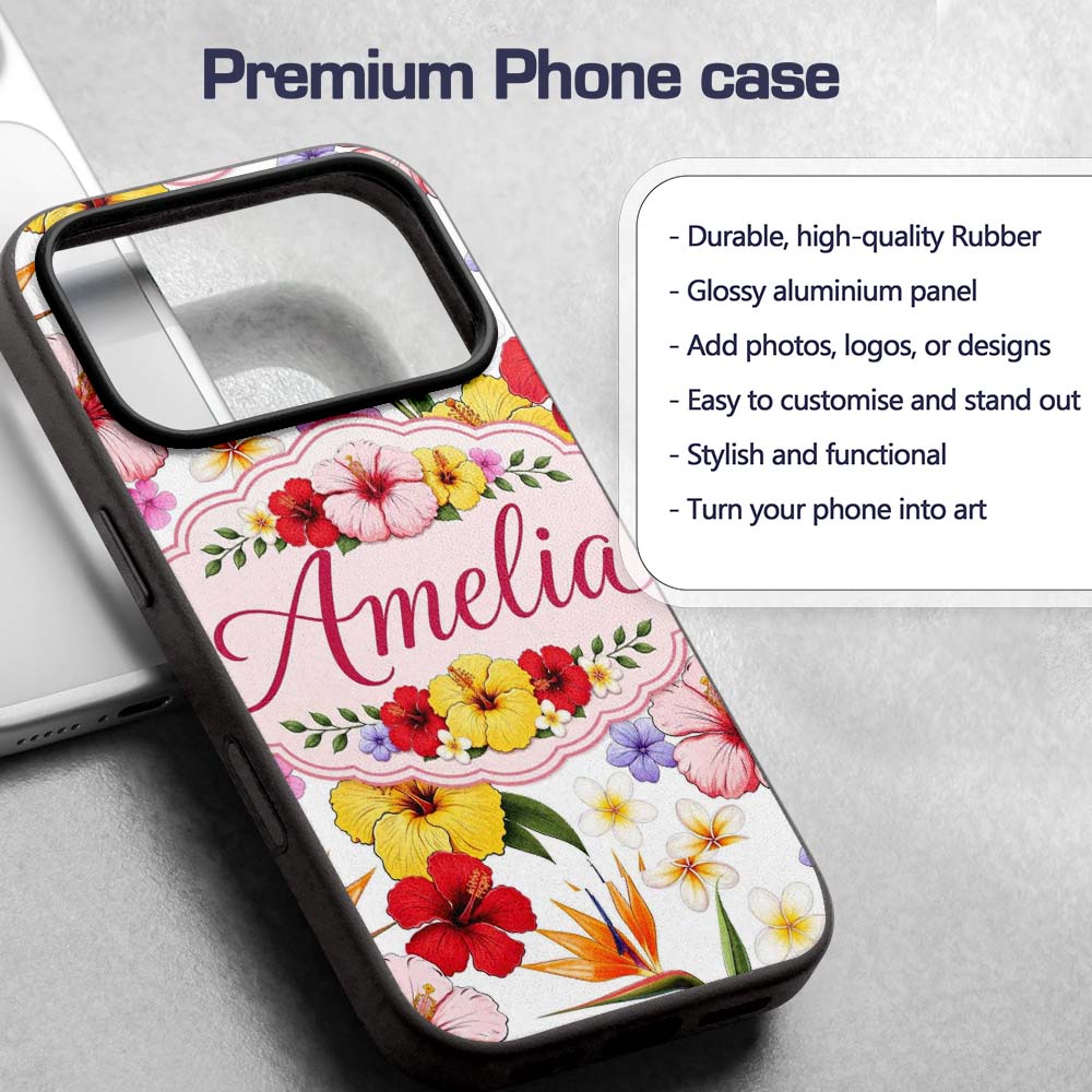 Tropical Hibiscus Bird of Paradise Printed Design Custom Name Protective Phone Case Mobile Cover Durable Everyday Smartphone Shock Resistant