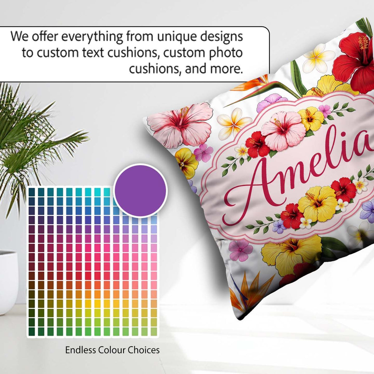 Custom Name Tropical Hibiscus Bird Paradise Floral Pattern Clean Square Filled Cushion Throw Pillow Sofa Bed Home Decor Zip Washable UK Made