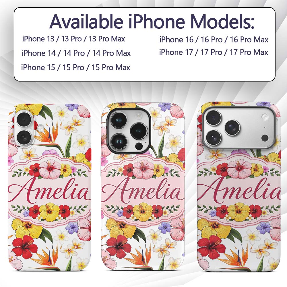 Tropical Hibiscus Bird of Paradise Printed Design Custom Name Protective Phone Case Mobile Cover Durable Everyday Smartphone Shock Resistant