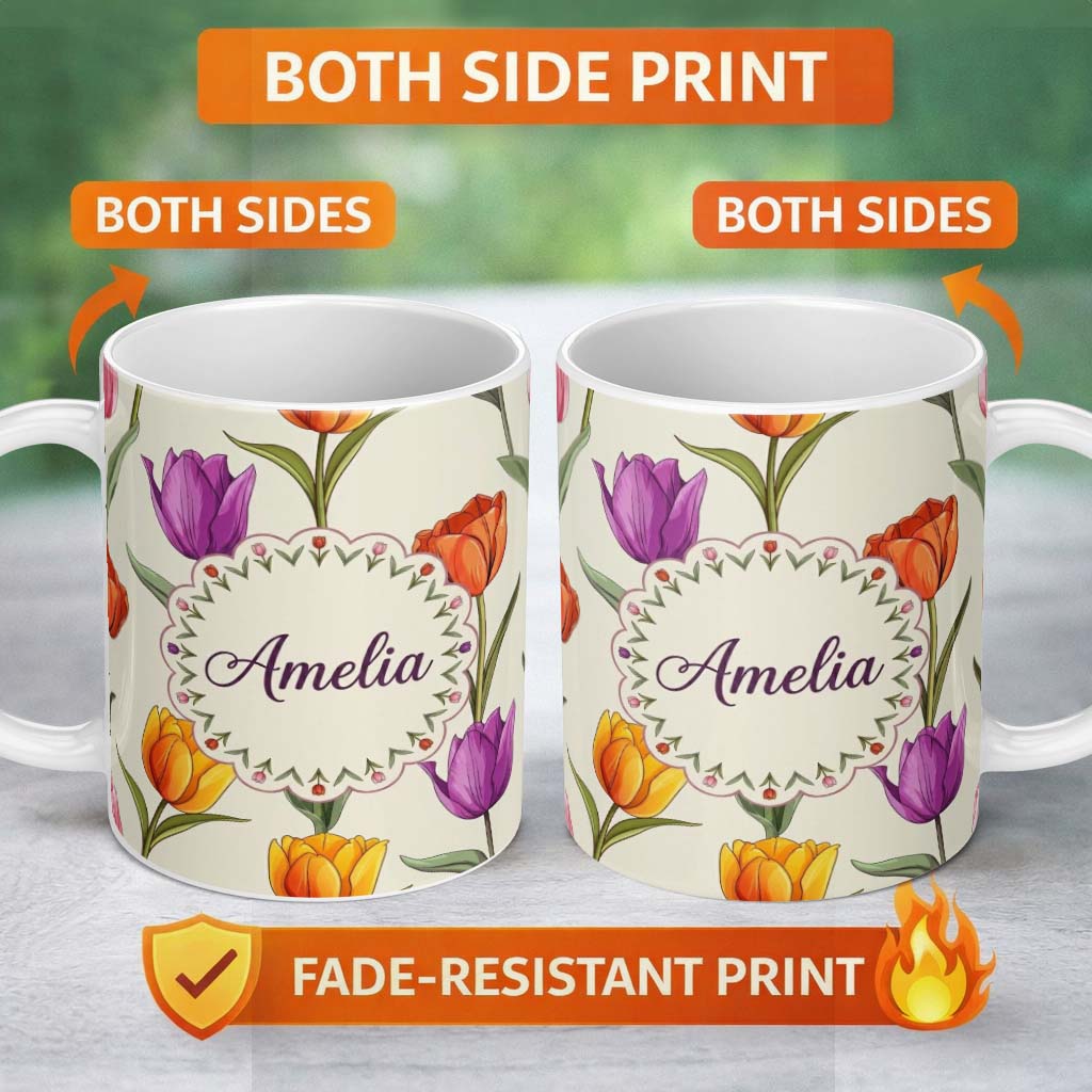 Personalized Custom Name Elegant Tulip Floral Seamless Pattern Soft Neutral Background Name 11oz Ceramic Coffee Tea Mug White Large Handle